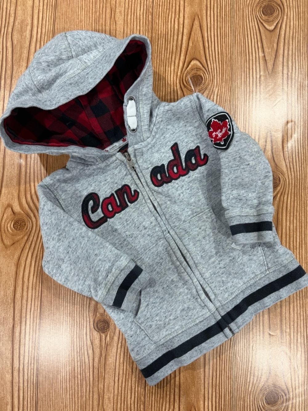 7/$20 Canadiana Canada Gray Hoodie Jacket with Plaid Lining Hood 12-18 Months